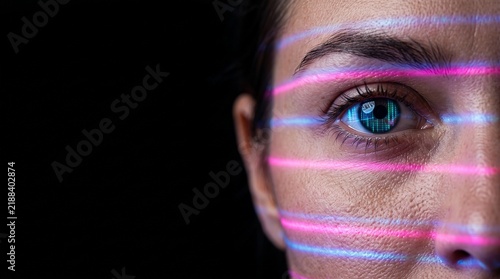 Close Up of Woman Eye with Biometric Neon Laser Lines Projected on Face