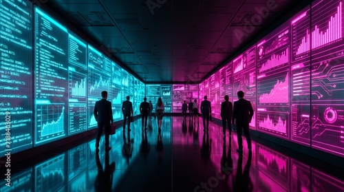 Business Executives Walking in Futuristic Corridor with Glowing Financial Stock Screens