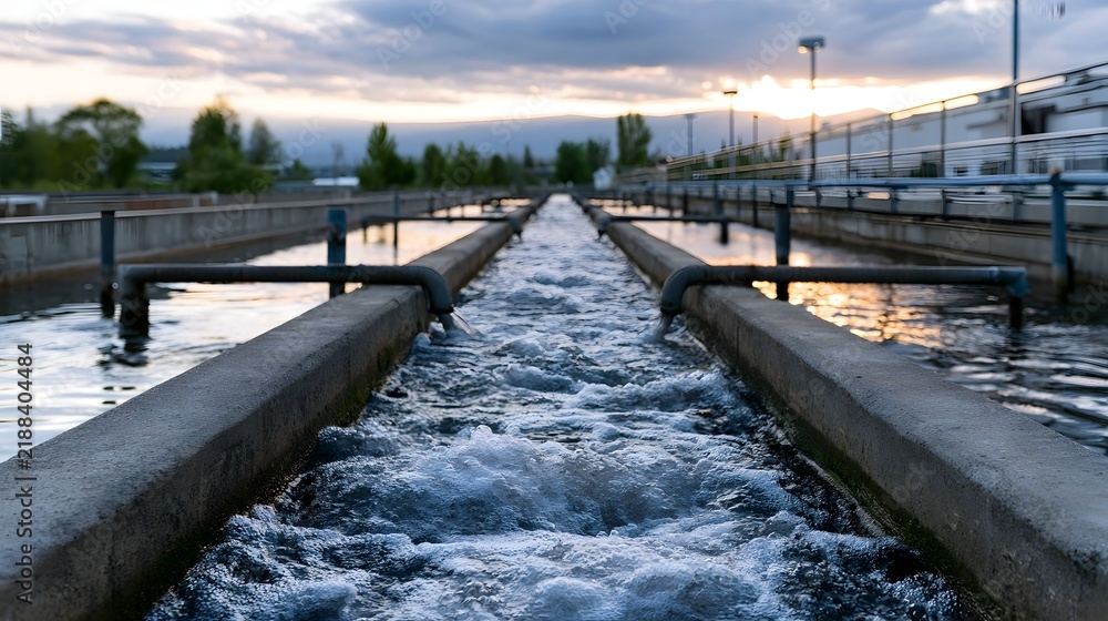 Obraz premium Water flows through concrete channels in a wastewater treatment facility during sunset with clouds and trees in background