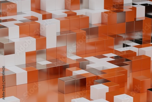 White and orange cube pattern with reflections, 3D computer-generated render