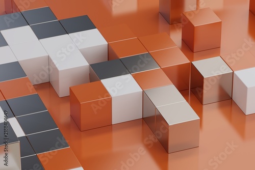 White orange and gray voxel blocks, 3D computer-generated render