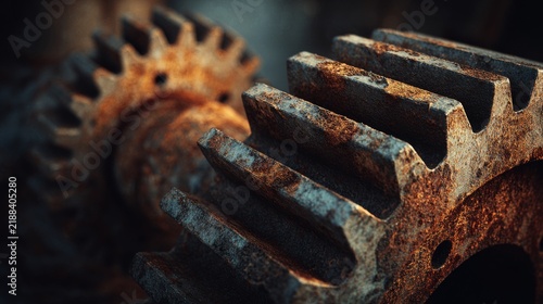 Close-up of two weathered, rusty gears, their teeth clearly defined, suggesting intricate mechanical processes long past