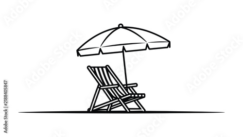 Minimalist black and white line drawing of a beach scene with a deck chair and umbrella