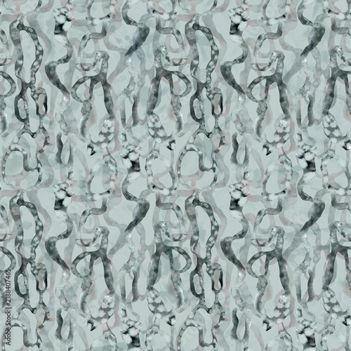 Abstract watercolor seamless pattern with organic wavy lines and fluid ribbons in muted grey blue tones. Modern textured background for fashion textile, aesthetic wallpaper, paper print, packaging.