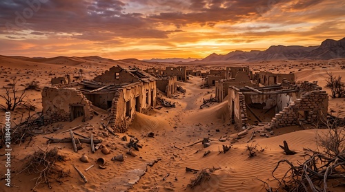 An abandoned village in the desert at sunset, with ruined buildings and sand dunes under a dramatic sky