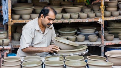 A craftsman in a workshop examines pottery, surrounded by shelves of earthen bowls and pots