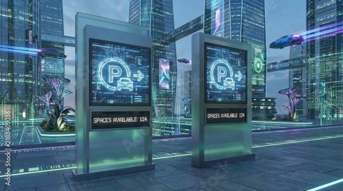 Futuristic Smart City Parking Information Display with Flying Cars and Holograms in Sci Fi Metropolis