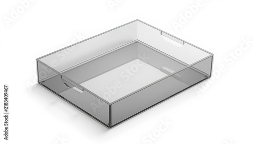 Modern rectangular clear acrylic serving tray with cut out handles displayed on transparent background