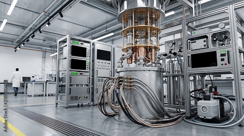 Quantum computing laboratory with advanced equipment and a person working in the background