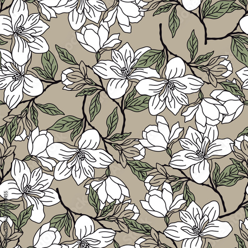 White Magnolia on Neutral Background Vector Seamless Pattern