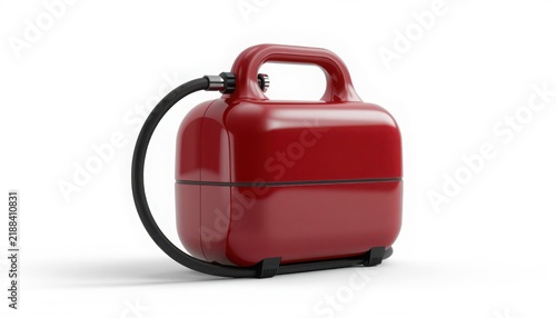 Modern red portable air compressor device featuring glossy plastic casing and durable black hose on transparent background