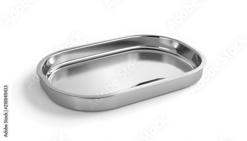 Shiny polished stainless steel rectangular medical instrument tray featuring rounded corners and smooth reflective surface on transparent background