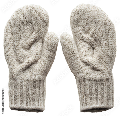 White Cable Knit Wool Mittens Pair Isolated on Transparent Background