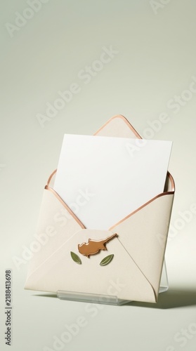 Standing envelope with decorative seal and blank card on clear holder