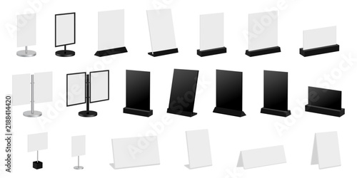 Tabletop sign holders mockup set for menus, prices, information, advertising and branding