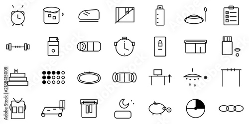 Willpower and Discipline Sharp Line Icon Set- Alarm Clock, Cold Plunge, Running Shoes, Dumbbell, Journal and Habit Tracker for Self-Improvement Design