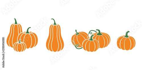 Orange pumpkin vector set, autumn harvest squash icons, flat seasonal vegetable illustrations for Halloween and Thanksgiving