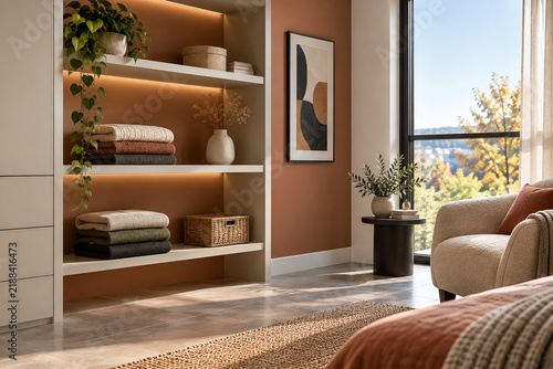 Modern reachable open closet with built-in led lighting and stacked clothes designed for accessible comfortable living in a warm bedroom interior