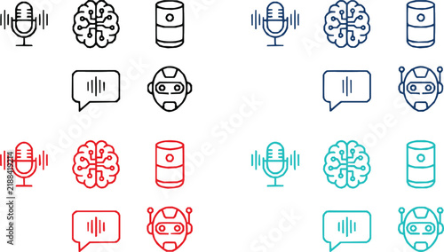 Collection of colorful voice assistant and artificial intelligence technology icons with smart speaker AI robot speech bubble sound wave human brain
