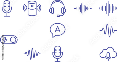 Blue line icons for voice control and audio technology features with voice assistant smart speaker headset icon sound wave cloud storage speech bubble
