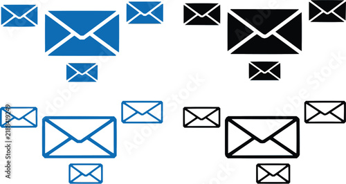 Set of envelope icons representing email and message communication in solid and outline styles with envelope communication notification graphics elements