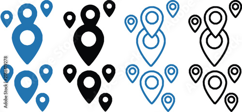 Map location pin icons set with solid and outline graphic styles location navigation position destination graphics elements interface internet