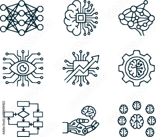 Collection of artificial intelligence and machine learning line icons with neural network deep learning data processing AI technology digital brain