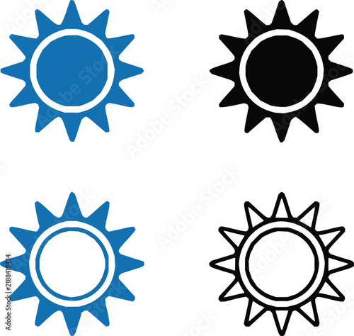 Set of four sun weather icons in black and blue outline and solid styles with sun icon sunny sign climate icon sunshine icon summer weather forecast eleme