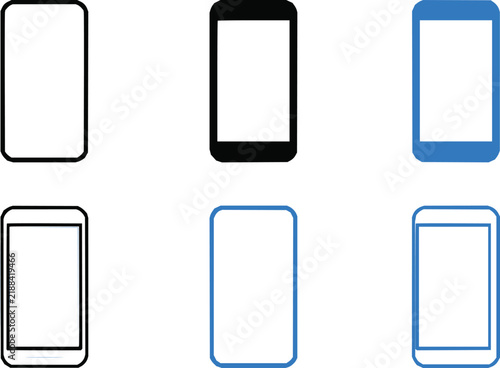 Set of six smartphone and mobile phone icons in black and blue outline and solid styles with smartphone icon device icon telephone sign digital device
