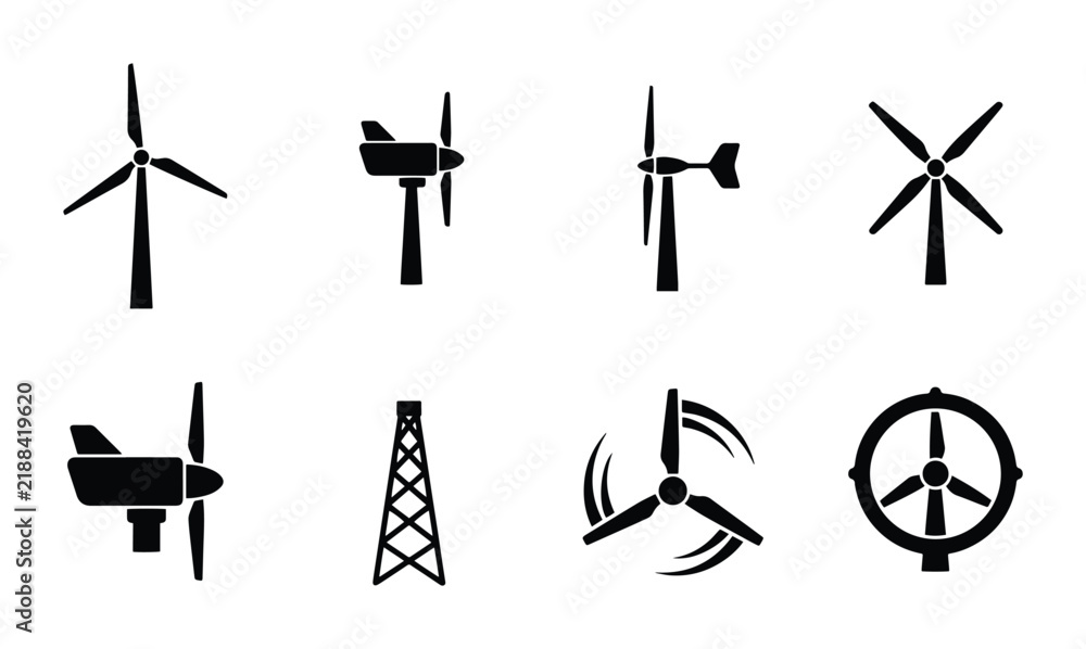 Fototapeta premium Wind Turbine Icons Set, Renewable Energy Generators, Clean Power Technology Vector Graphics