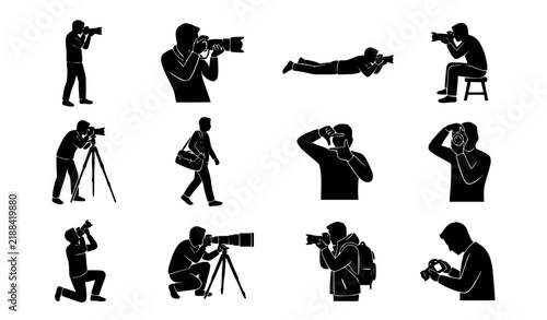 фотографія Collection of black silhouettes depicting photographers in various action poses
