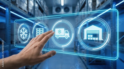 Cold chain storage logistics warehouse refrigerated transport concept with hand selecting icon on virtual screen in distribution center