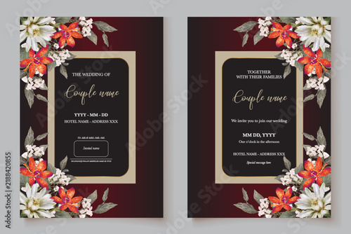 Elegant Burgundy Wedding Invitation Template with Floral and Gold Frame Design