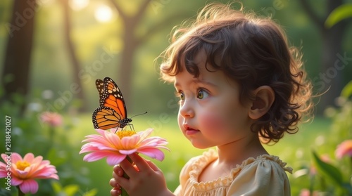 Niña pequeña observando una mariposa posada sobre una flor en floración; suave luz natural y ambiente tranquilo de jardín