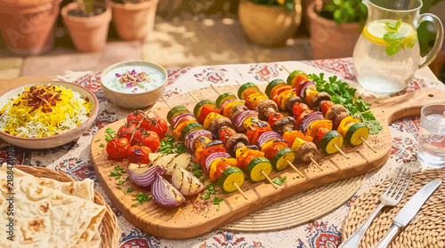 Grilled vegetable skewers with roasted tomatoes and herbs on a wooden platter