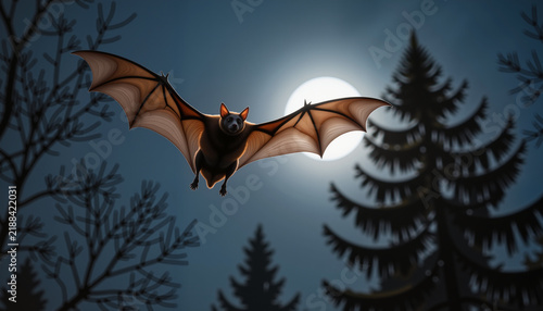 Bat flying at night in a dark forest under the full moon, Halloween  