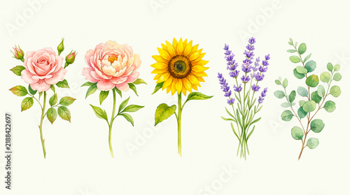 Watercolor set of garden plants including rose peony and sunflower with lavender