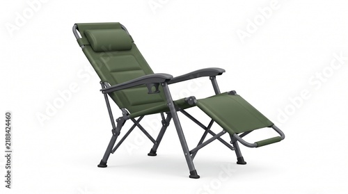 3D Rendered Adjustable Green Padded Folding Camping Chair with Reclining Footrest and Headrest Isolated for Outdoor Leisure Concept