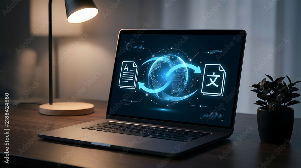 Fototapeta premium Modern laptop on a wooden desk displaying digital translation software interface