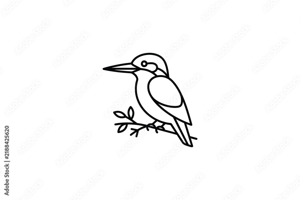 Fototapeta premium Minimal Bird Perched on Branch Line Drawing.
