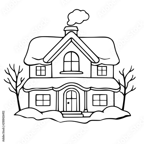 Cozy winter snow covered house vector illustration, black and white outline cottage with bare trees for coloring page