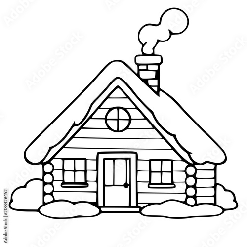 Christmas log cabin vector illustration, cozy winter house with snow on roof and chimney smoke