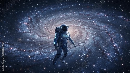 Astronaut floating in zero gravity in front of a spiral galaxy