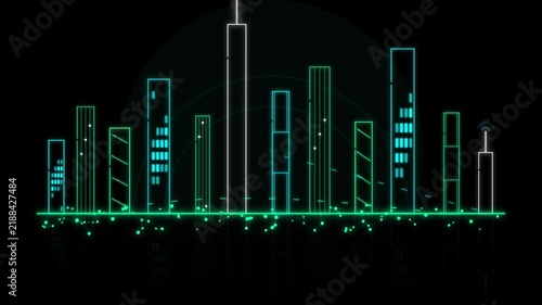 Neon city skyline animation with glowing cyber buildings and digital grid lines on dark background representing futuristic urban landscape
