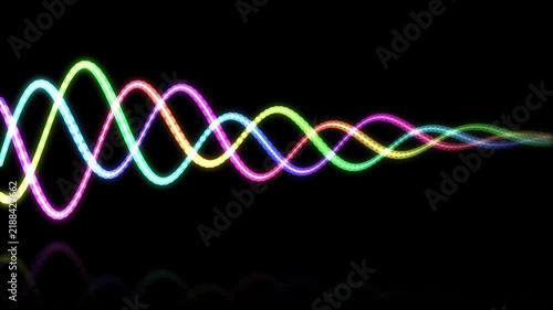 Neon light waves vibrating as colorful glowing sine lines moving rhythmically across dark black background in fluid digital technology