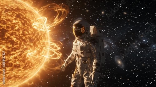 Astronaut floating in space near glowing sun with solar flares