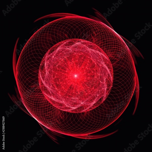 Futuristic crimson atomic fusion core sphere isolated on black background.