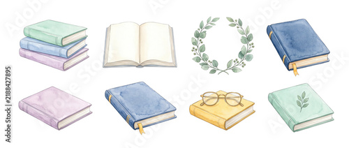 Watercolor book set illustration clipart for reading and literature design, featuring open books, pastel journals, eyeglasses, and eucalyptus wreath isolated on black background for study element.
