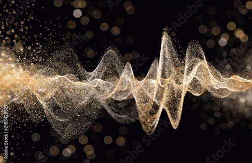 Abstract flowing golden audio frequency wave trail with sparkling particle light.