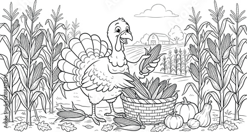 Thanksgiving Turkey Harvesting Corn in Cornfield Coloring Page Vector Illustration